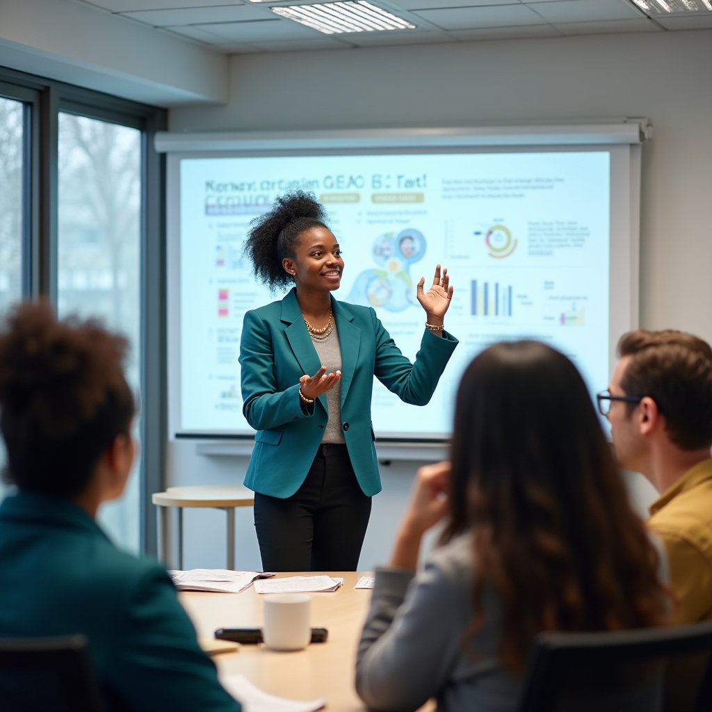 Adult educator explaining consumer rights to a small group in a modern classroom setting