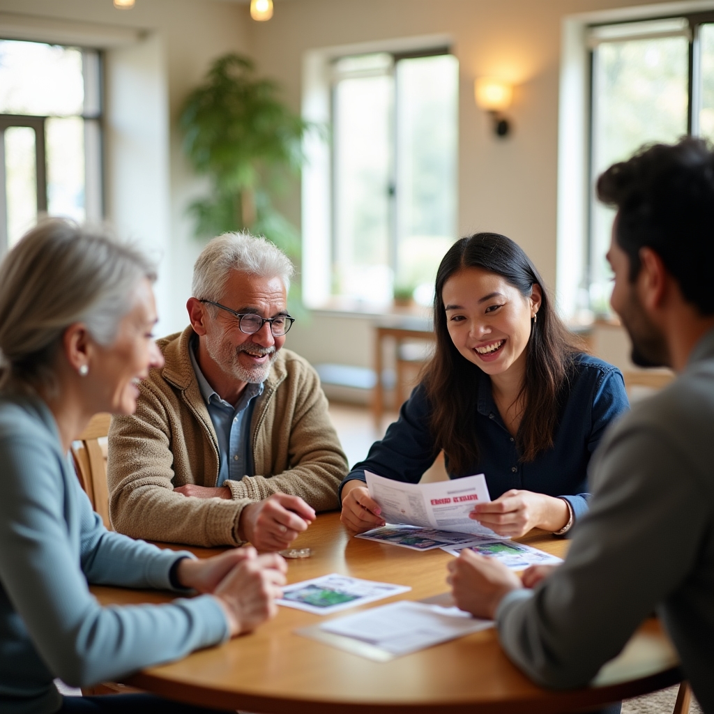 Group of adults of various ages examining gift cards together in a bright community space